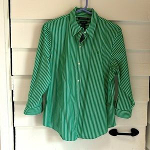 Ralph Lauren L “no iron” green/white stripe shirt 100% cotton. Never worn